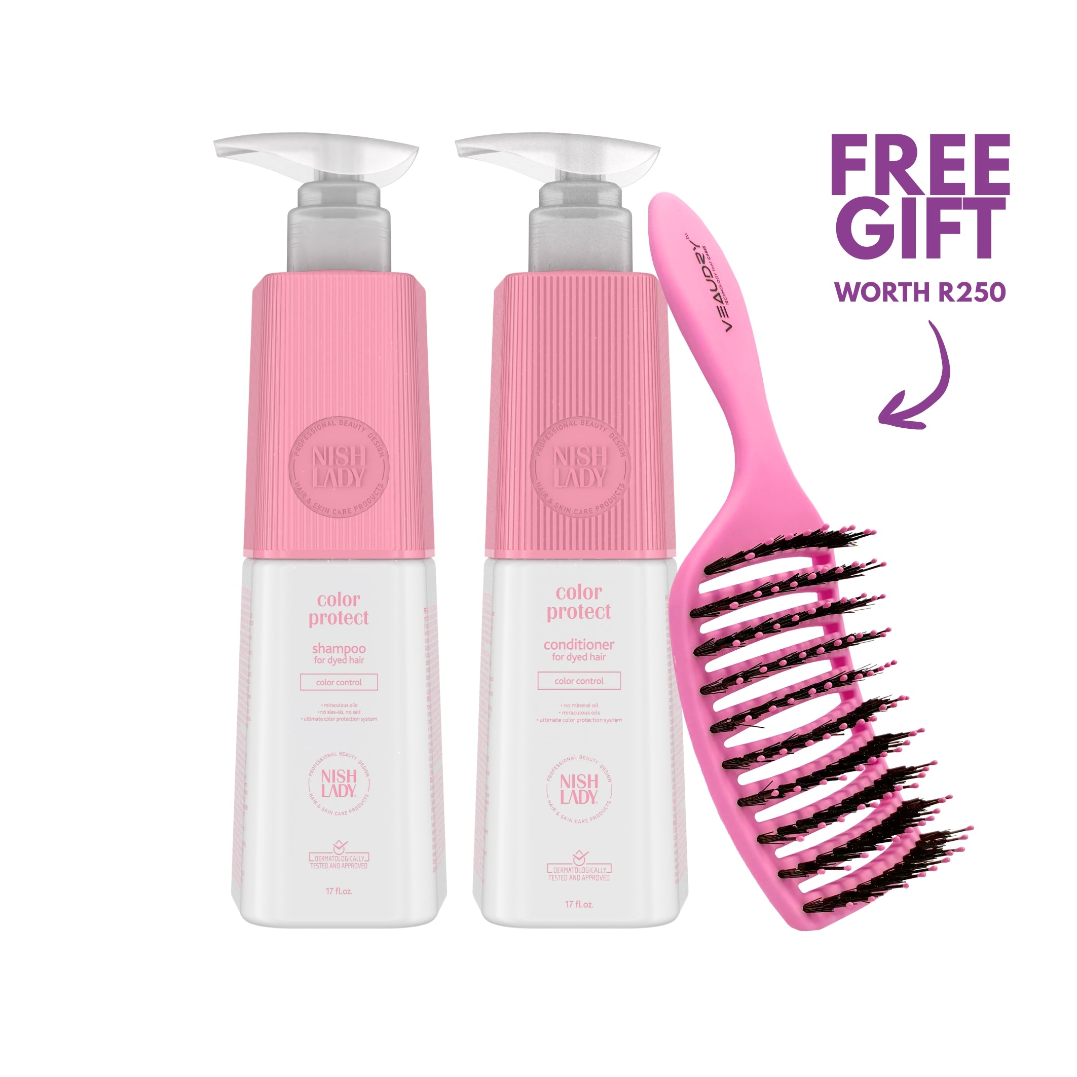 Color Protect Shampoo & Conditioner + Free Pink Veaudry MyDetangler Brush