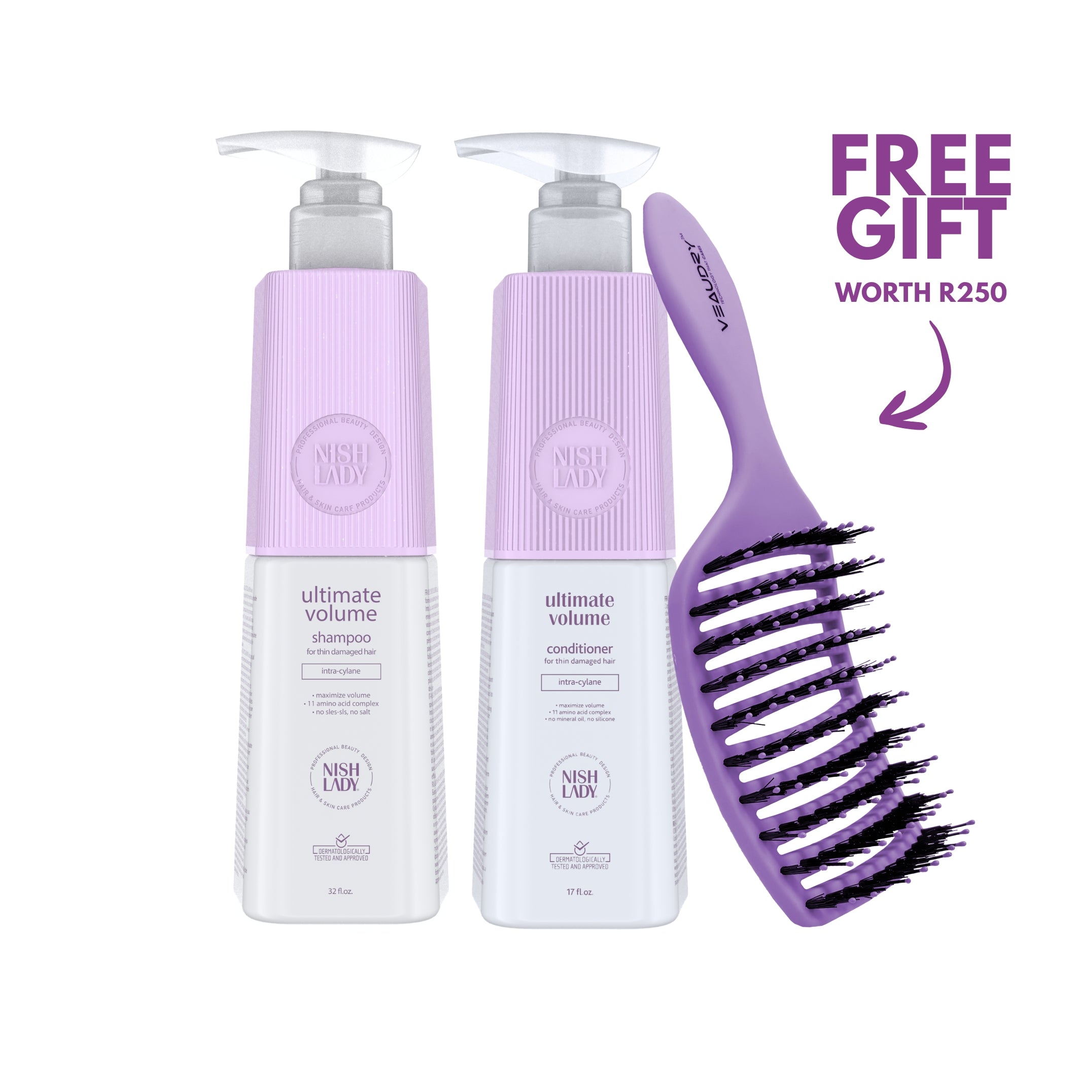 Ultimate Volume Shampoo & Conditioner + Free Purple Veaudry MyDetangler Brush